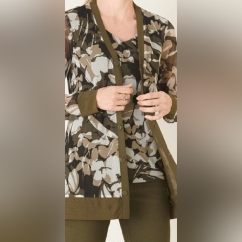Chico's/ camo/  Green and Brown/ Sheer Cardigan lightweight / size 1